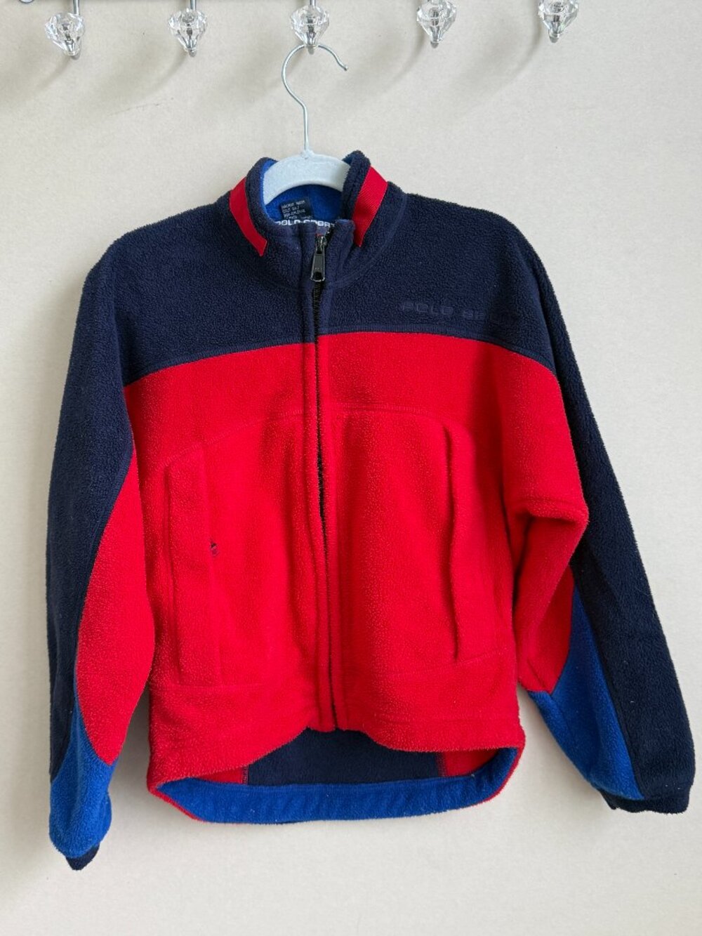 Polo sport retro style: red, navy and light blue colorblock. Kids size 7, S/M